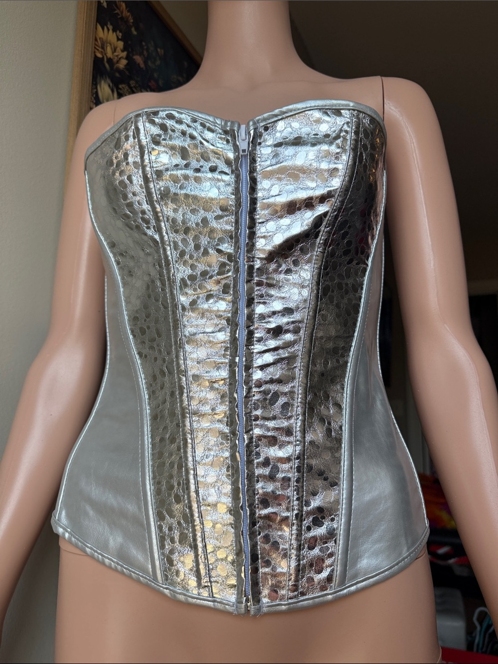 Silver Strapless Corset Zipper Front Bustier